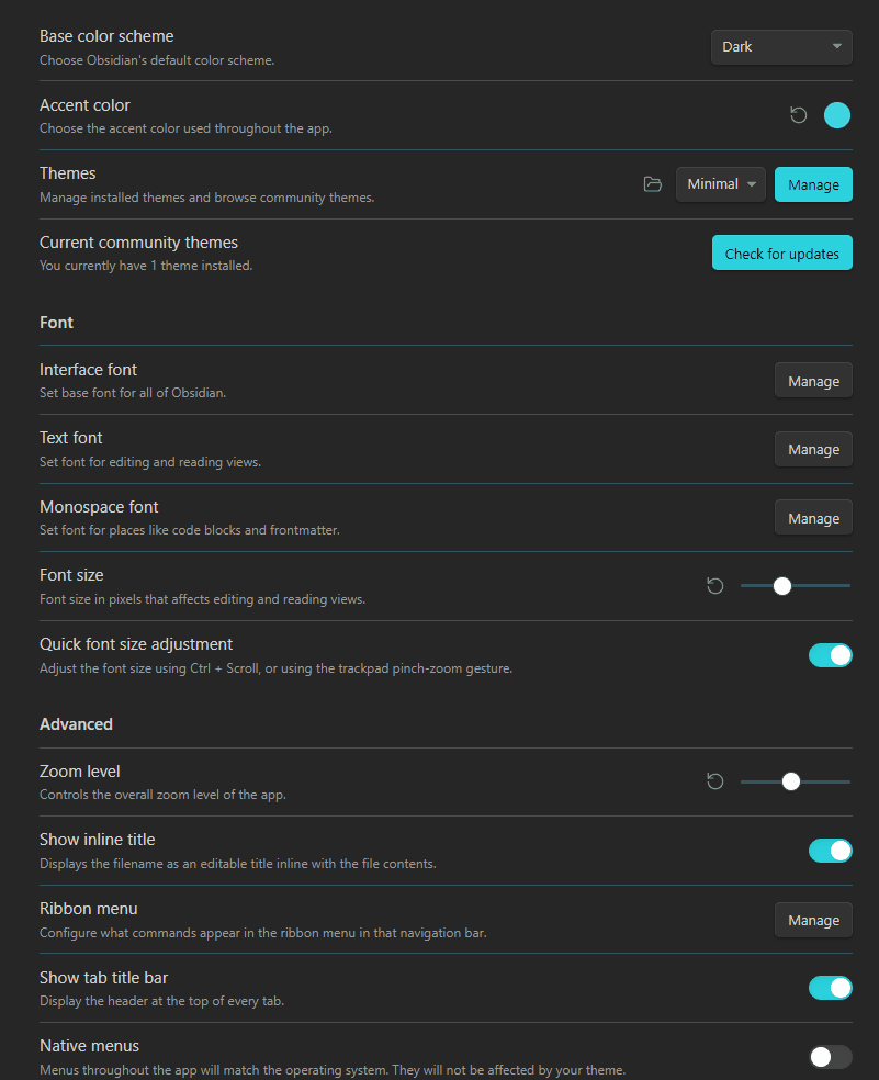 Appearance and theme settings tab