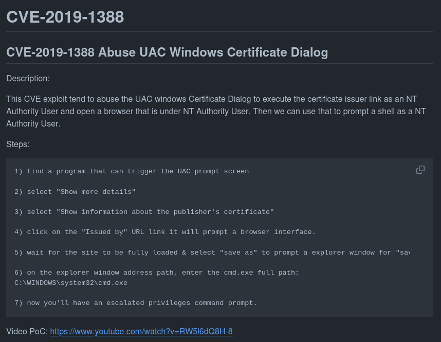 Github with exploit for cve-2019-1388