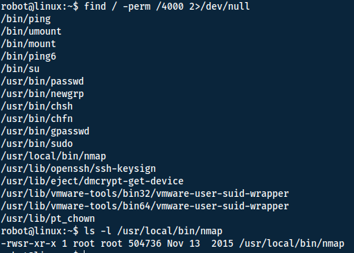We find that nmap has suid bit active and is owned by root